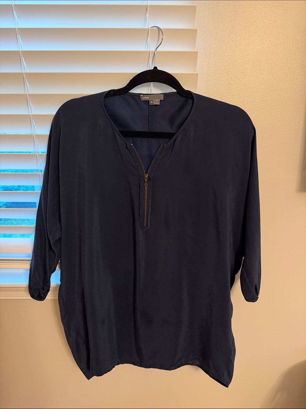 Vince Navy Zip-Front Silk-Blend Top